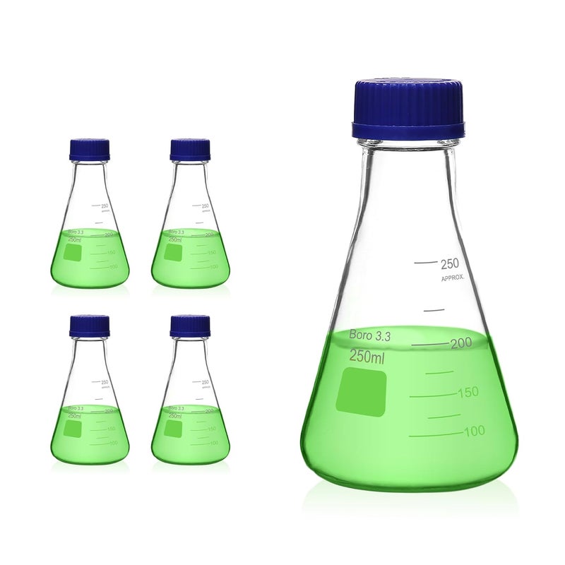 UTILE 4 Pcs 250ml Glass Erlenmeyer Flask with Blue Cap, Narrow Mouth Erlenmeyer Flasks, Borosilicate 3.3 Glass Conical Flask for Lab Experiment Chemistry Science,4016.0752.4 - Image 1
